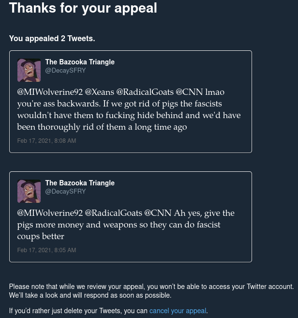 Pigs are a protected class according to Twitter support?